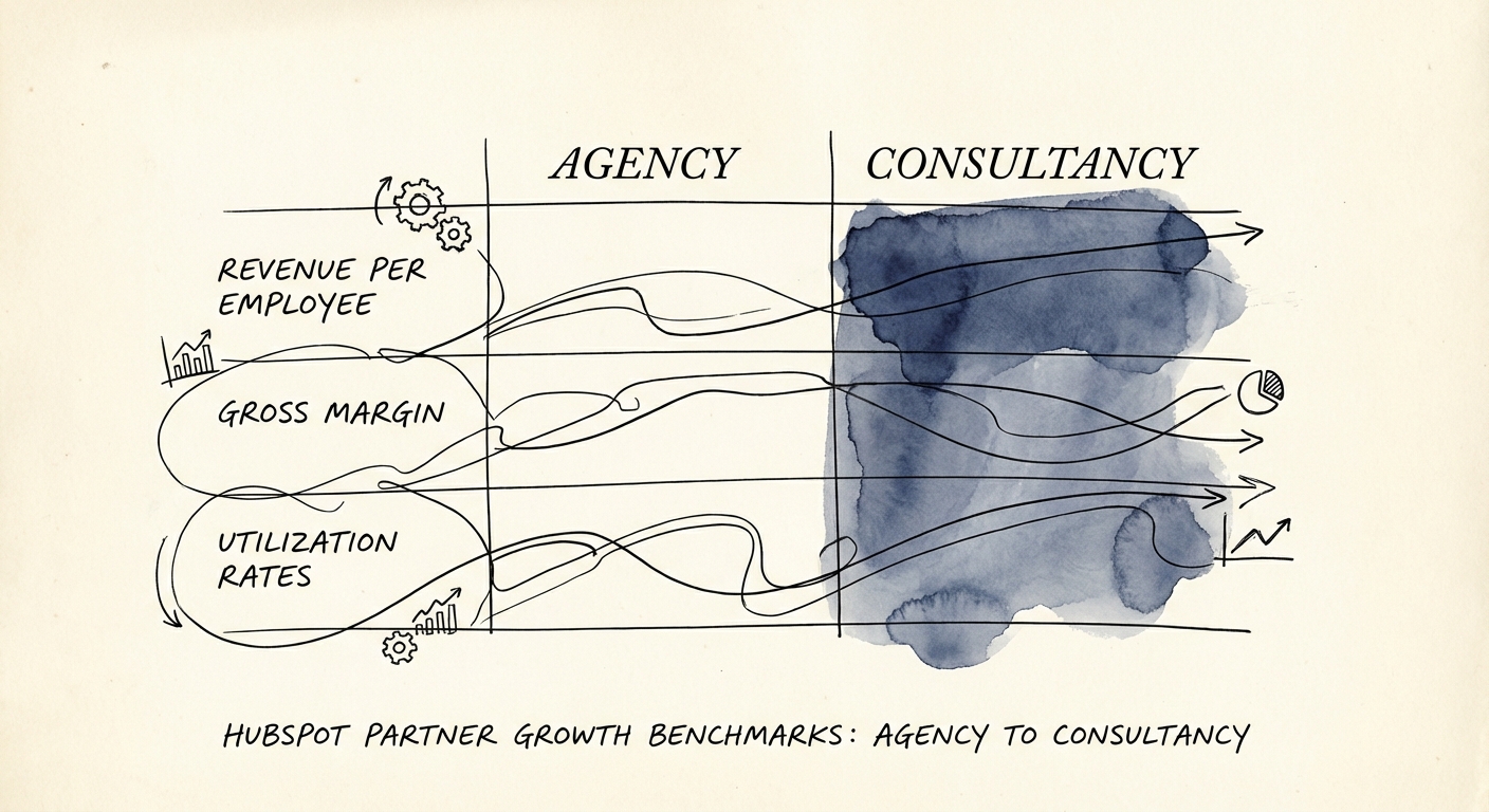 Comparison table of Agency vs Consultancy metrics: Revenue per Employee, Gross Margin, and Utilization Rates.