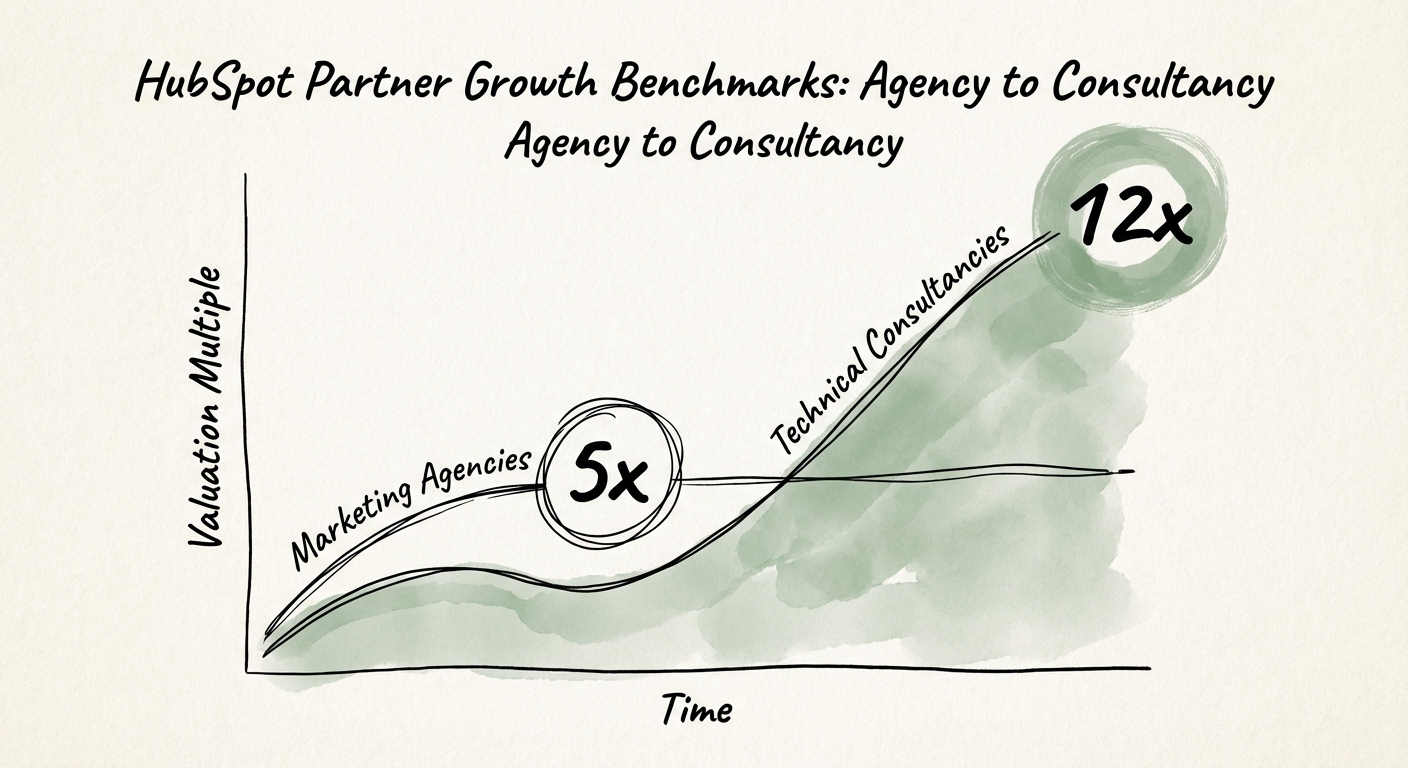 Graph showing valuation multiple divergence between Marketing Agencies (5x) and Technical Consultancies (12x) over time.