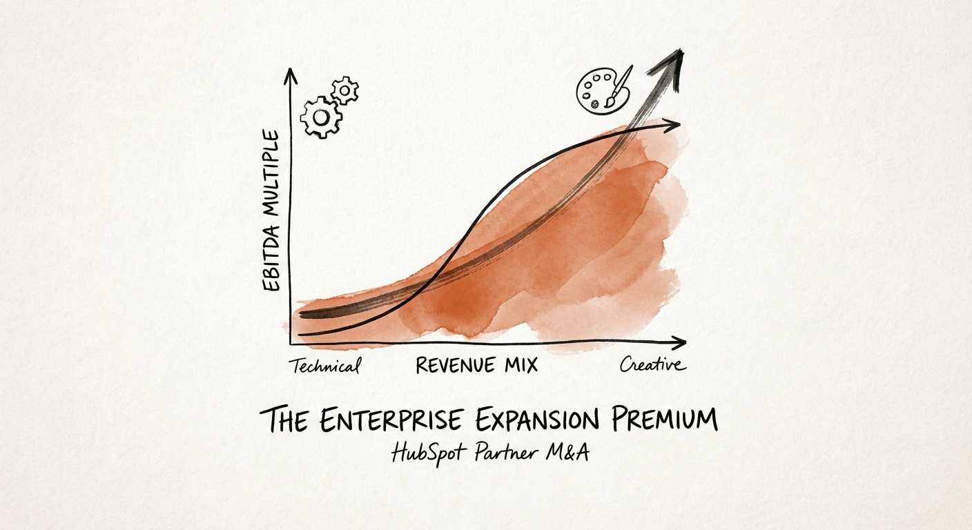 Chart showing EBITDA multiple expansion for HubSpot partners based on technical vs. creative revenue mix.