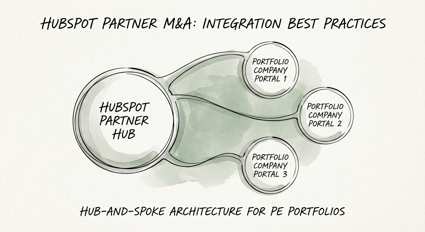 Diagram showing Hub-and-Spoke HubSpot portal architecture for PE portfolios