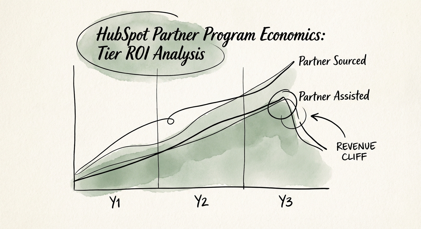 Chart comparing 3-year cumulative commission for Partner Sourced vs Partner Assisted deals showing the revenue cliff.