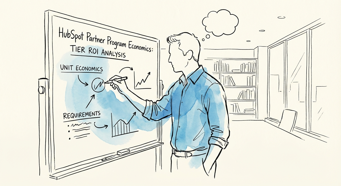 Justin Leader analyzing HubSpot partner program tier requirements and unit economics on a whiteboard.