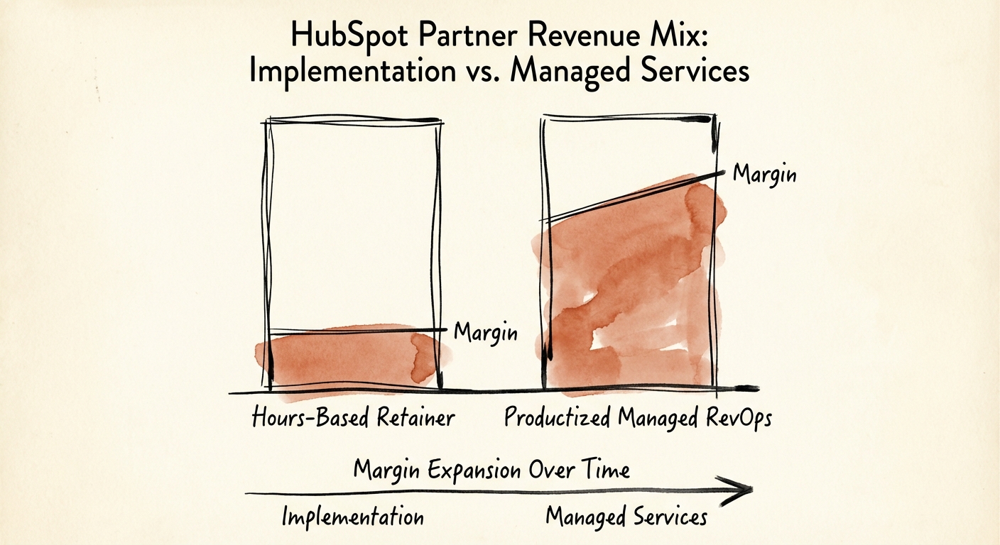 Comparison of 'Hours-Based Retainer' vs 'Productized Managed RevOps' showing margin expansion over time