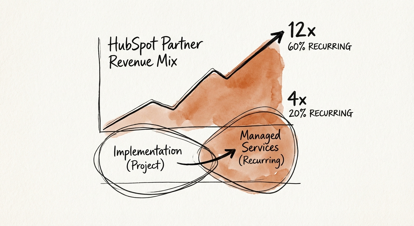 Chart showing valuation multiple expansion from 4x to 12x as recurring revenue mix increases from 20% to 60%