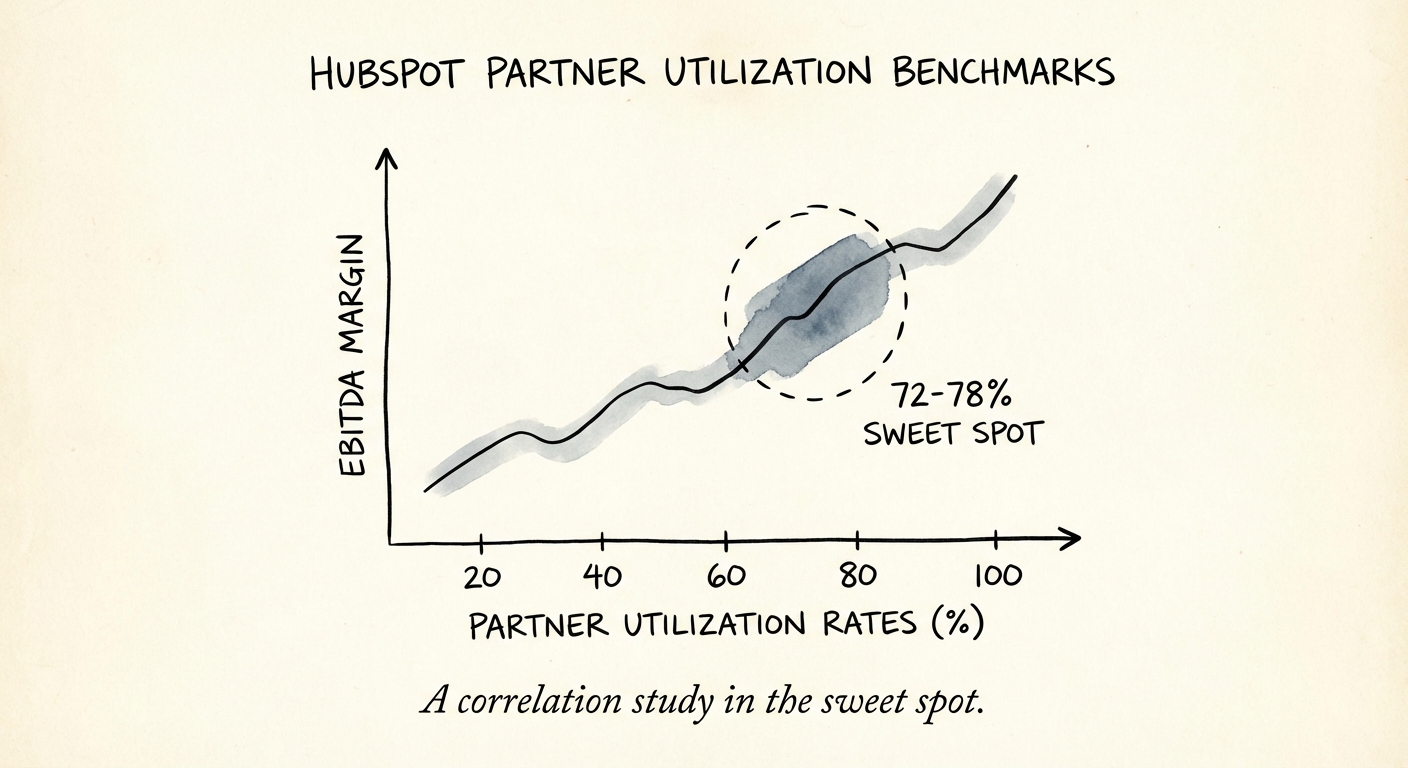 Chart showing the correlation between HubSpot partner utilization rates and EBITDA margin, highlighting the 72-78% sweet spot.