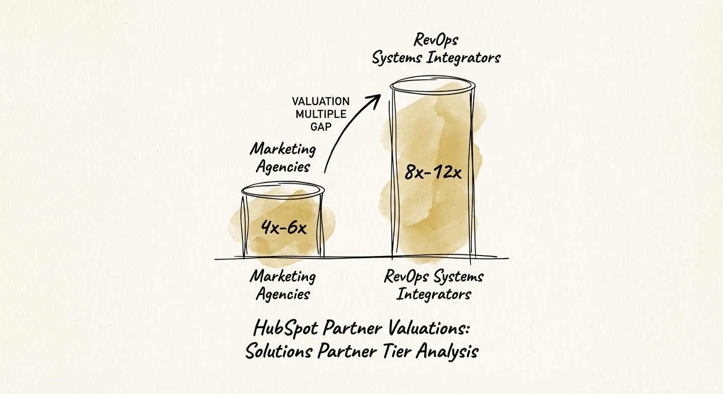 Chart showing valuation multiple gap between HubSpot Marketing Agencies (4x-6x) and RevOps Systems Integrators (8x-12x)