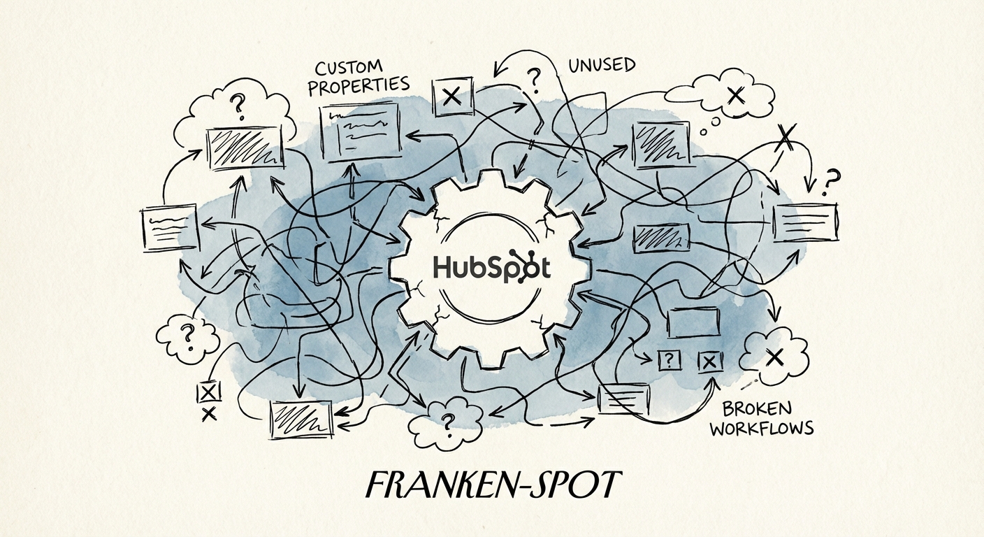 Diagram illustrating the 'Franken-Spot' architecture: a HubSpot instance overloaded with unused custom properties and broken workflows.