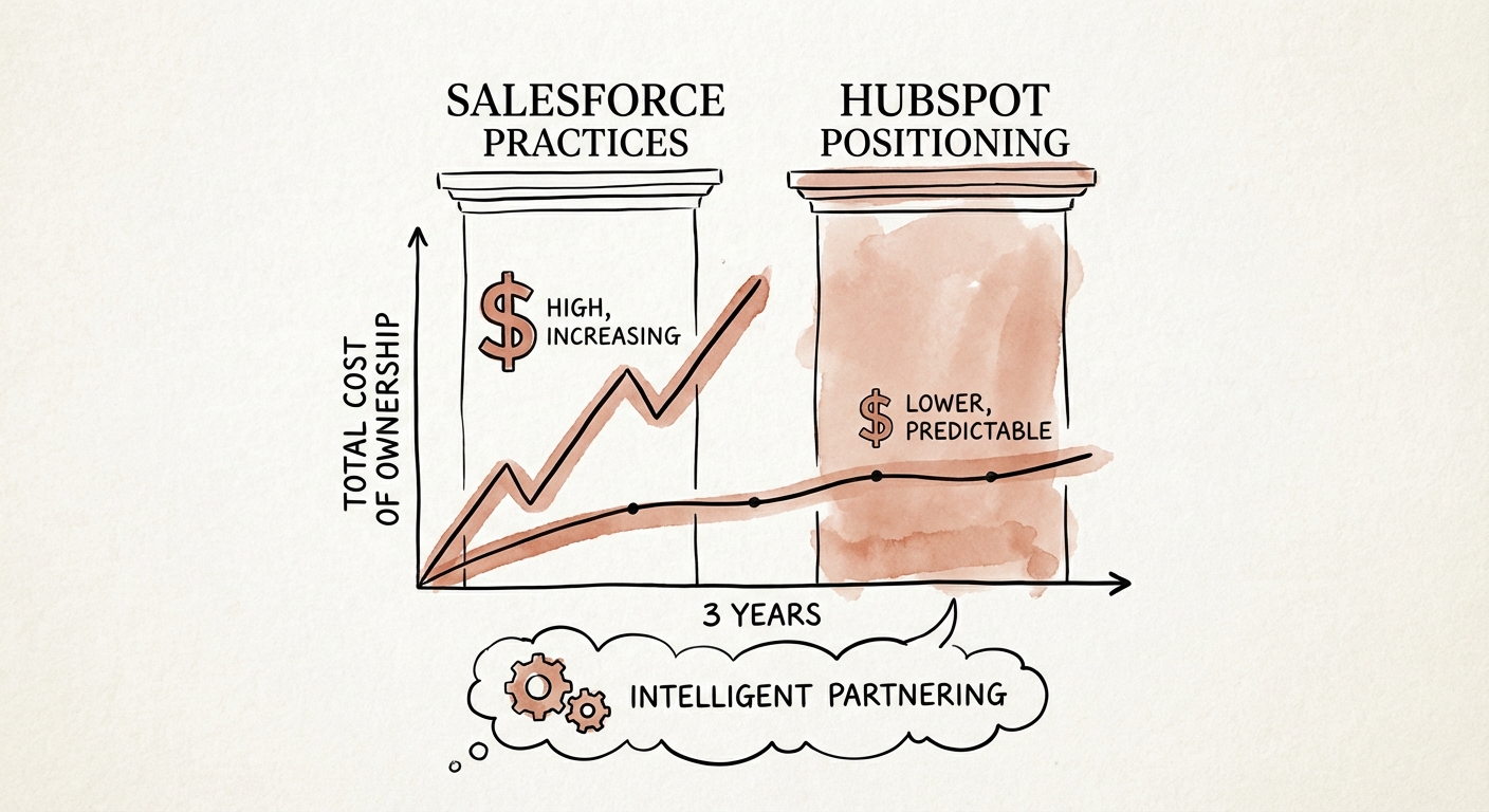 Comparison chart showing Total Cost of Ownership between Salesforce and HubSpot over 3 years