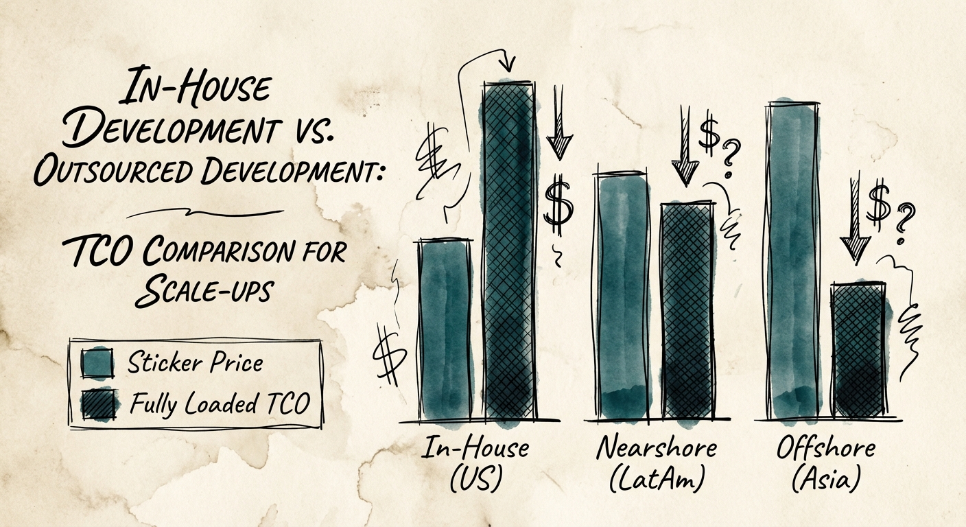Bar chart comparing 'Sticker Price' vs 'Fully Loaded TCO' for In-House (US), Nearshore (LatAm), and Offshore (Asia) development teams.