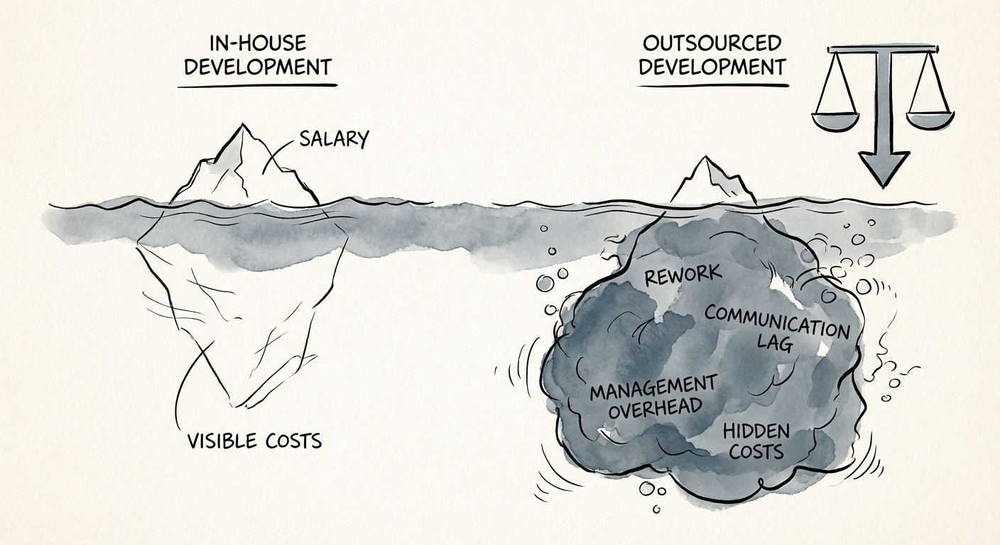 A split-screen comparison visual showing the 'Iceberg' of development costs: In-house costs are visible (salary), while outsourced costs are hidden below the water (rework, communication lag, management overhead).