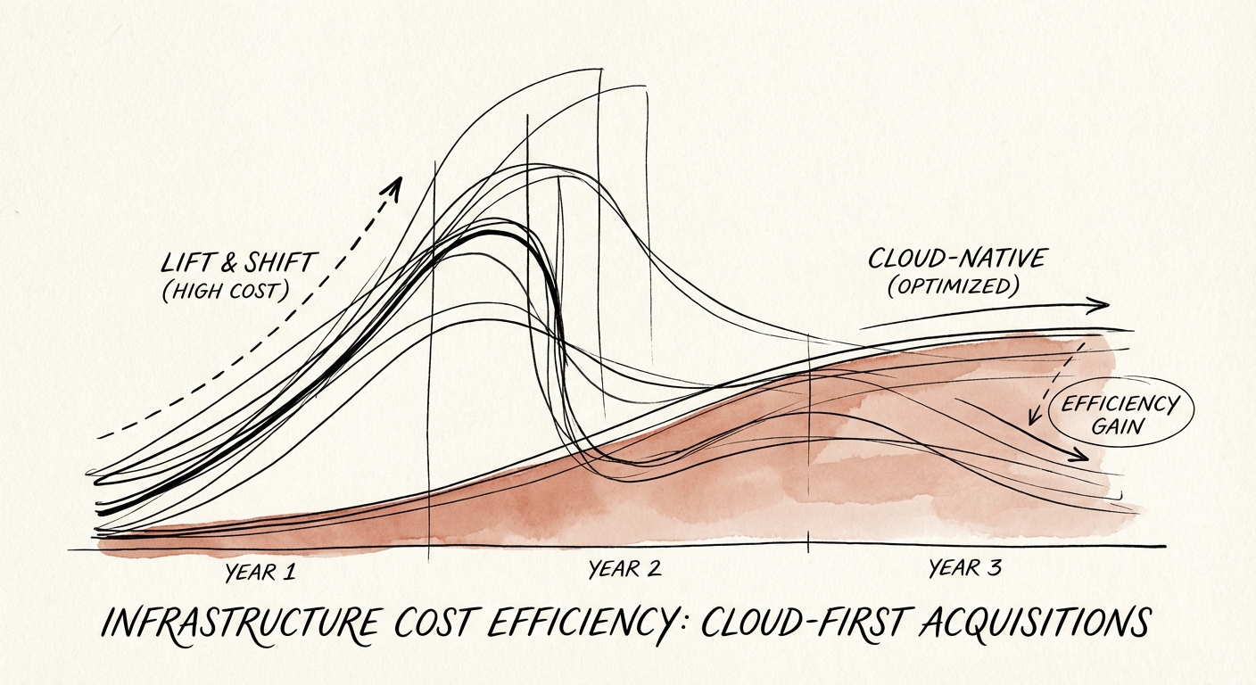 Data visualization showing the difference between 'Lift and Shift' cloud costs versus 'Cloud-Native' optimized costs over a 3-year period.