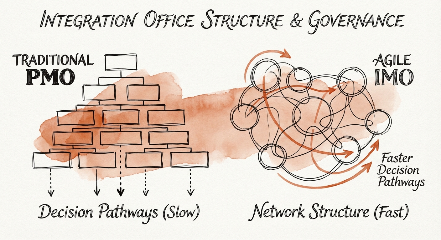 Diagram comparing 'Traditional PMO' hierarchy vs. 'Agile IMO' network structure, highlighting faster decision pathways in the agile model.
