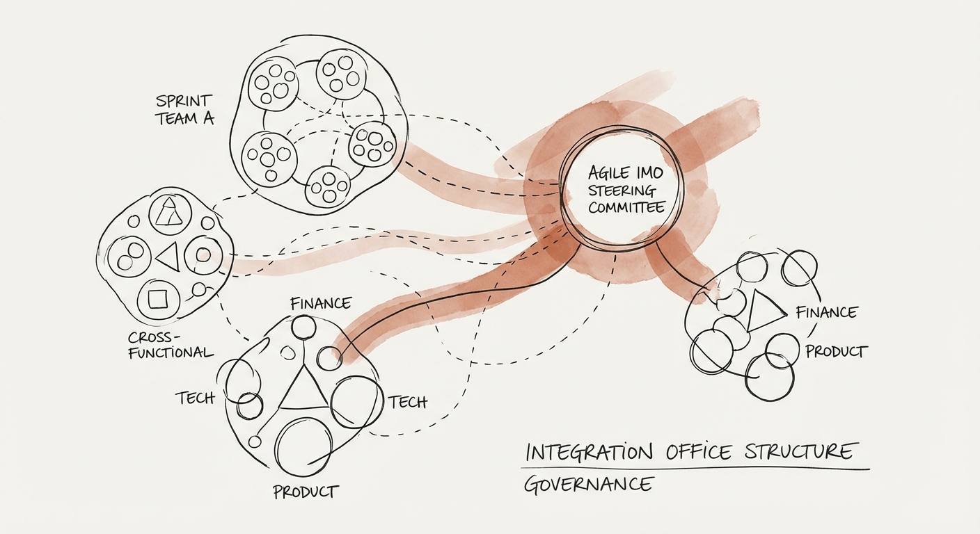 Abstract visualization of an Agile Integration Management Office (IMO) structure showing cross-functional sprint teams connected to a central steering committee.