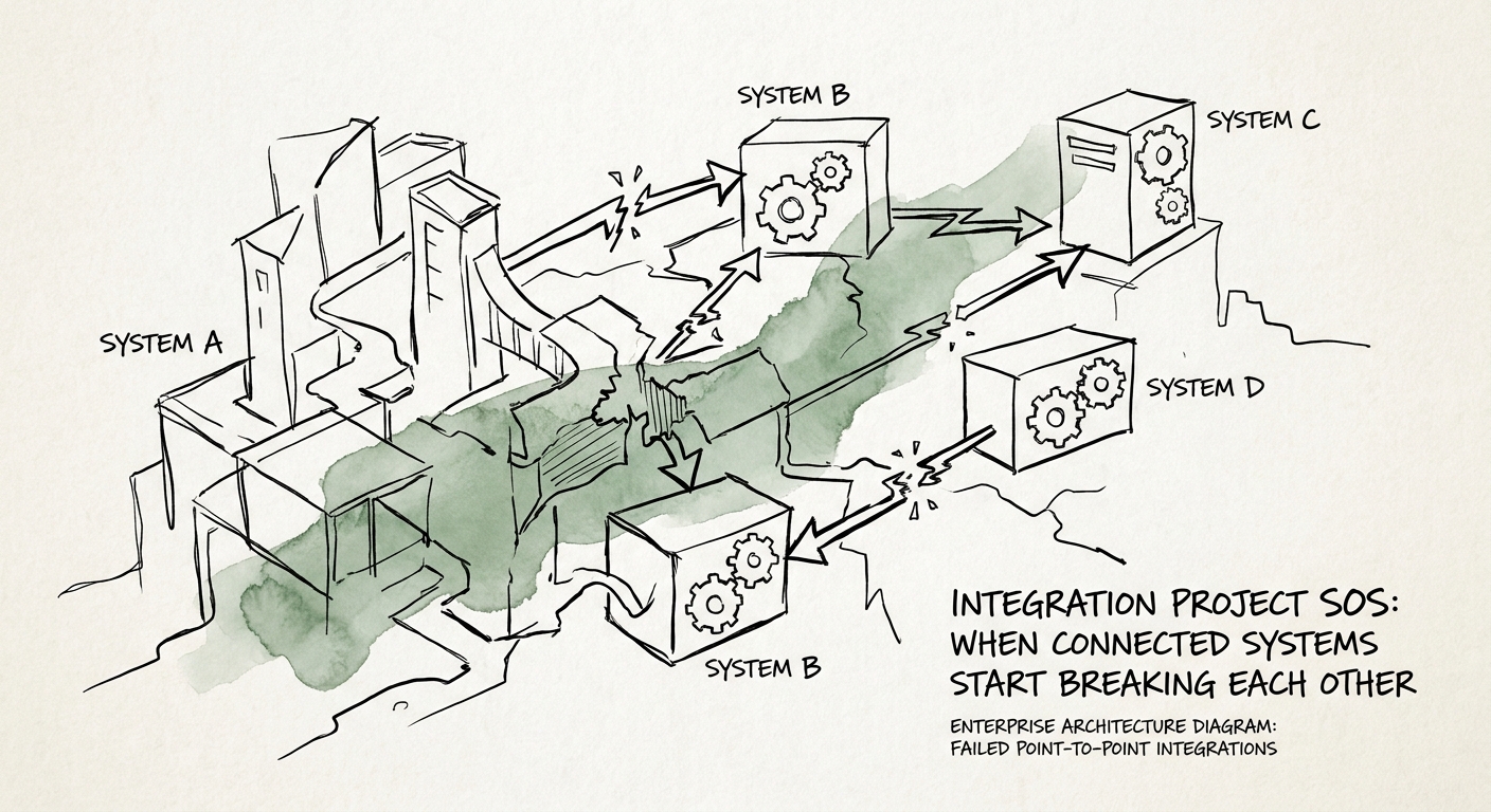 Integration recovery workflow with API gateway, event queue, and data ownership controls.