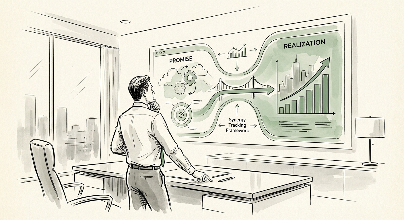 Private Equity Operating Partner reviewing a digital dashboard showing integration synergy tracking metrics versus projected deal model targets.