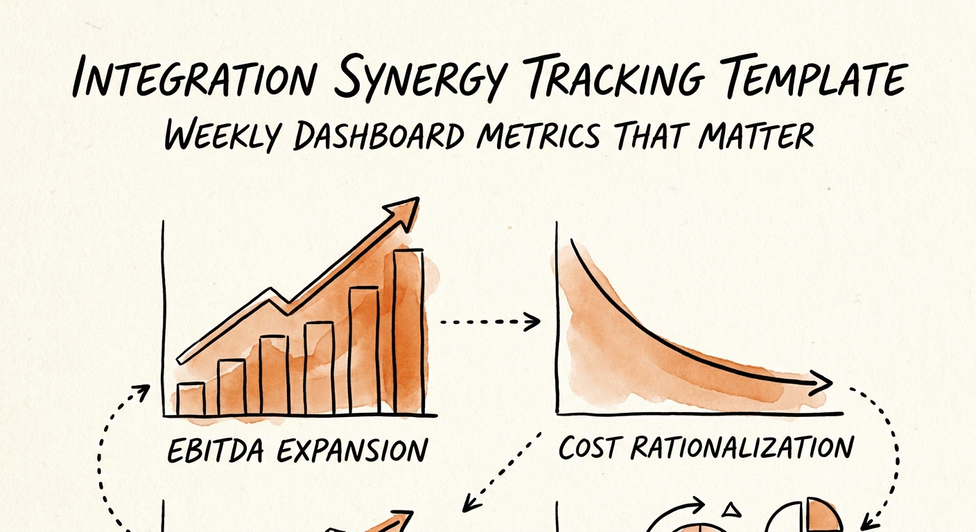 A high-fidelity weekly synergy tracking dashboard displaying EBITDA expansion and cost rationalization metrics.