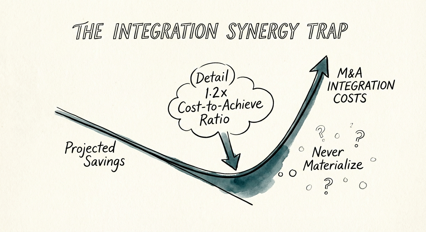 Chart showing the 'J-Curve' of M&A integration costs, highlighting
the 1.2x cost-to-achieve ratio.