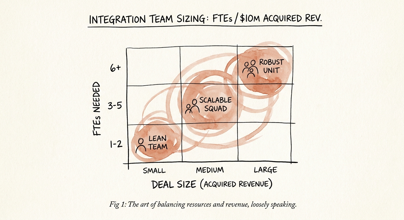 Integration team sizing matrix showing required FTEs per $10M of acquired revenue across different deal sizes