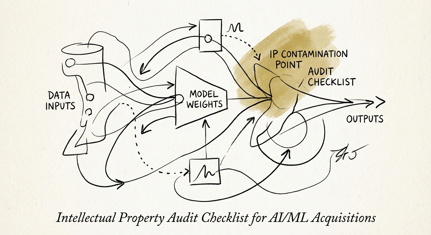 Illustration of an AI model training pipeline showing data inputs, model weights, and potential IP contamination points.