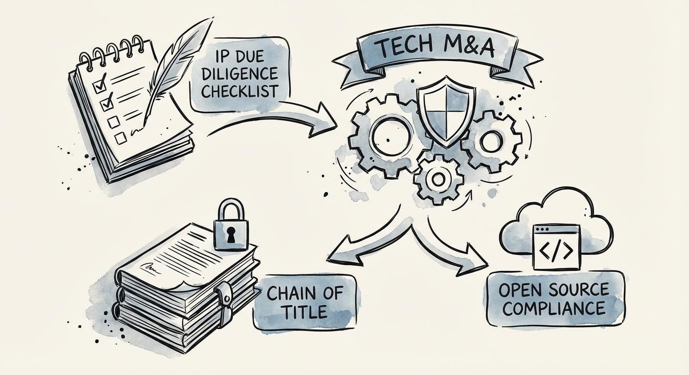 Tech M&A IP due diligence checklist showing chain of title and open source compliance requirements