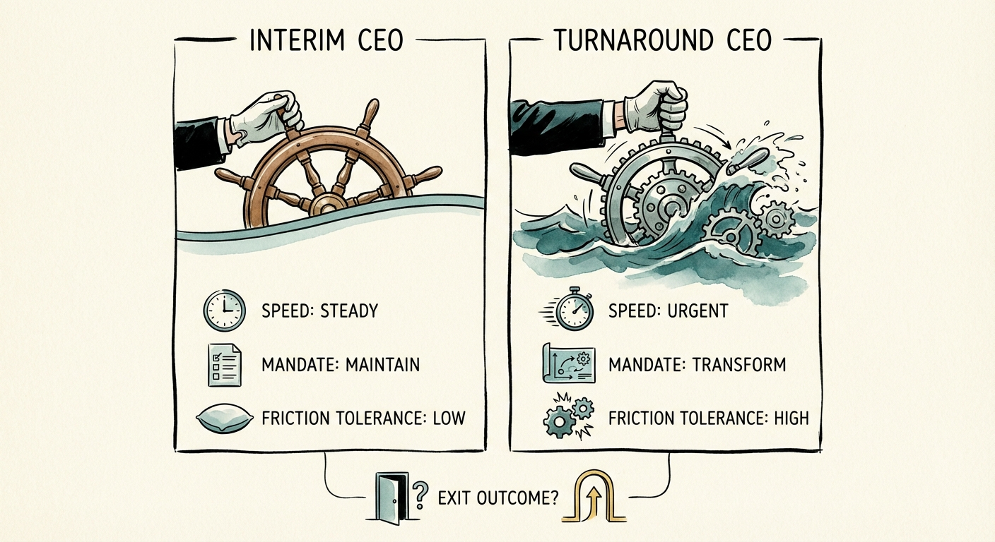 Comparison chart showing Interim CEO vs Turnaround CEO characteristics across speed, mandate, and friction tolerance