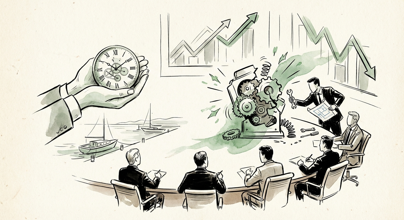 Private Equity Boardroom meeting discussing interim CEO candidates with financial charts in background