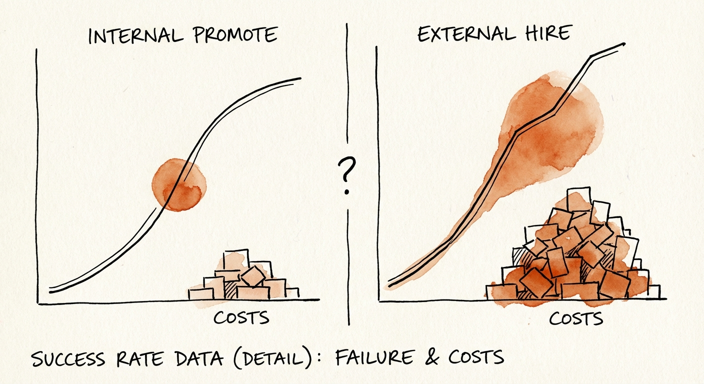 Comparison chart of failure rates and costs between internal promotes and external executive hires.