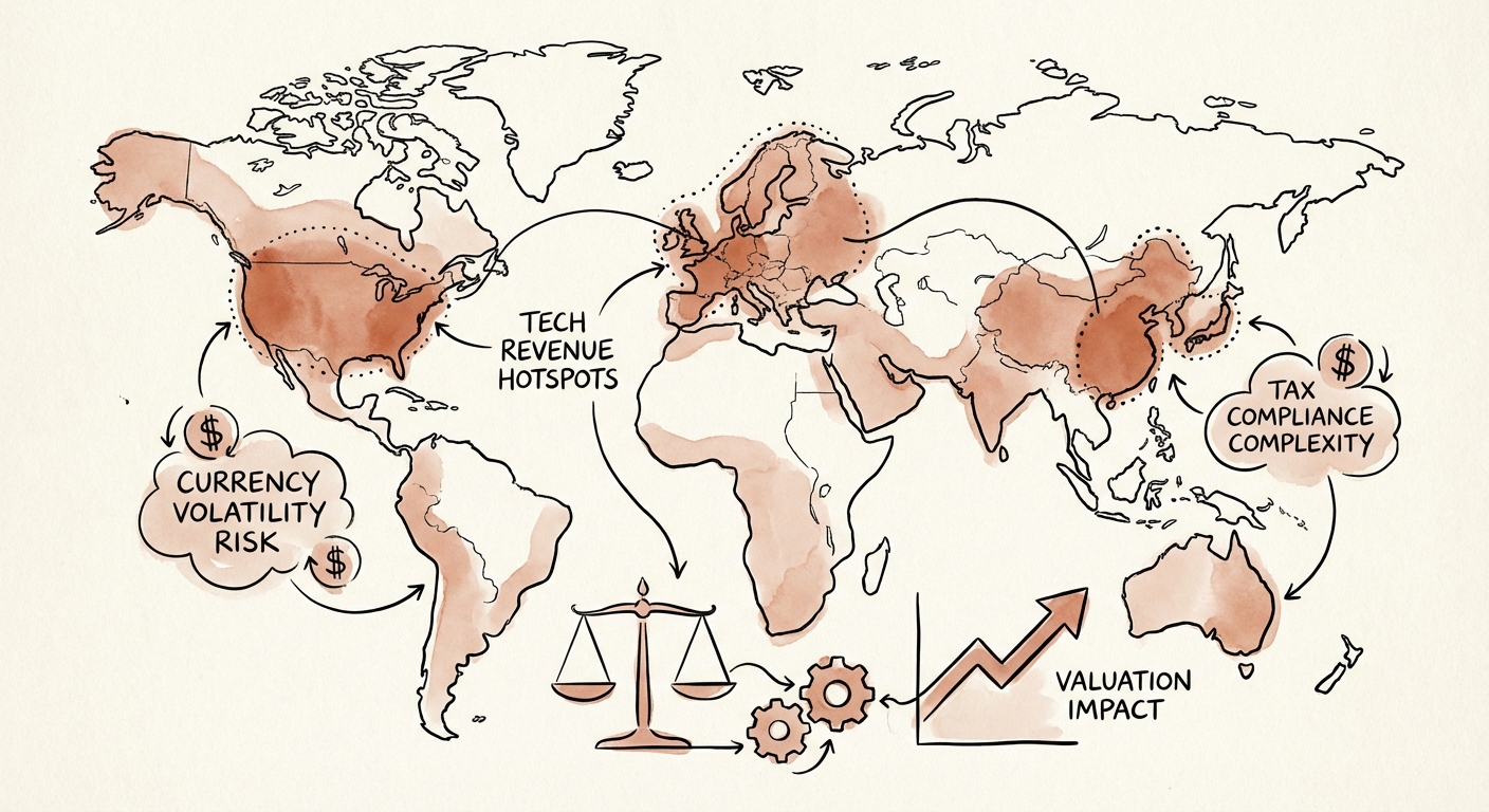A world map visualization showing tech company revenue hotspots with risk indicators for currency volatility and tax compliance.