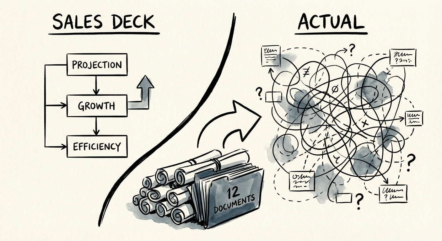 A data visualization comparing a clean 'Sales Deck' architecture versus a complex, messy 'Actual' spaghetti code map.