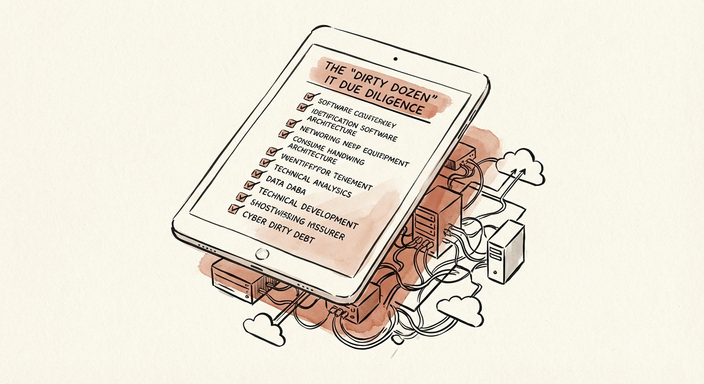 A specialized IT due diligence checklist on a tablet, overlaying a chaotic network architecture diagram, representing the discovery of technical debt.