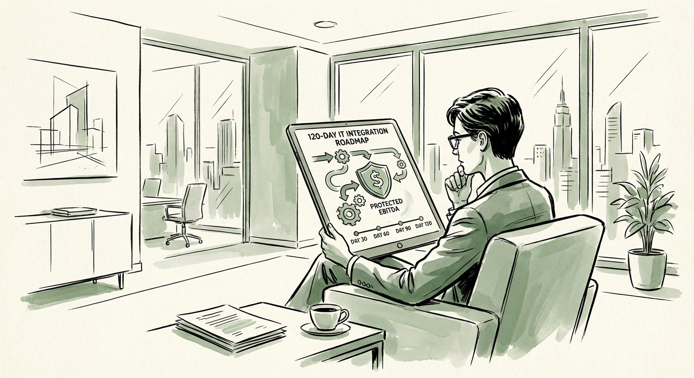 Private Equity Operating Partner reviewing a 120-day IT integration roadmap on a tablet in a modern office.