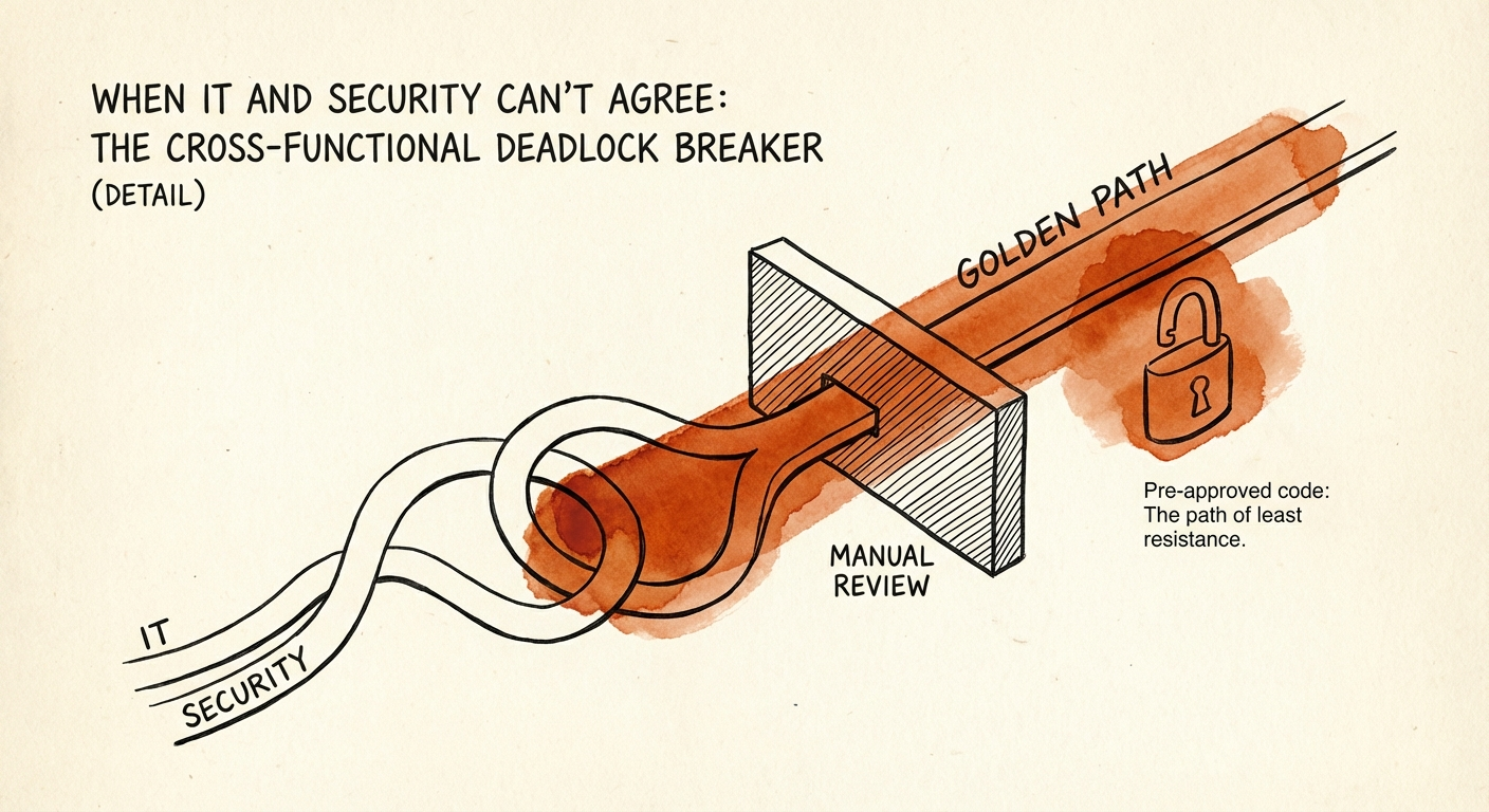 Diagram showing the 'Golden Path' methodology where pre-approved
code bypasses manual security review.
