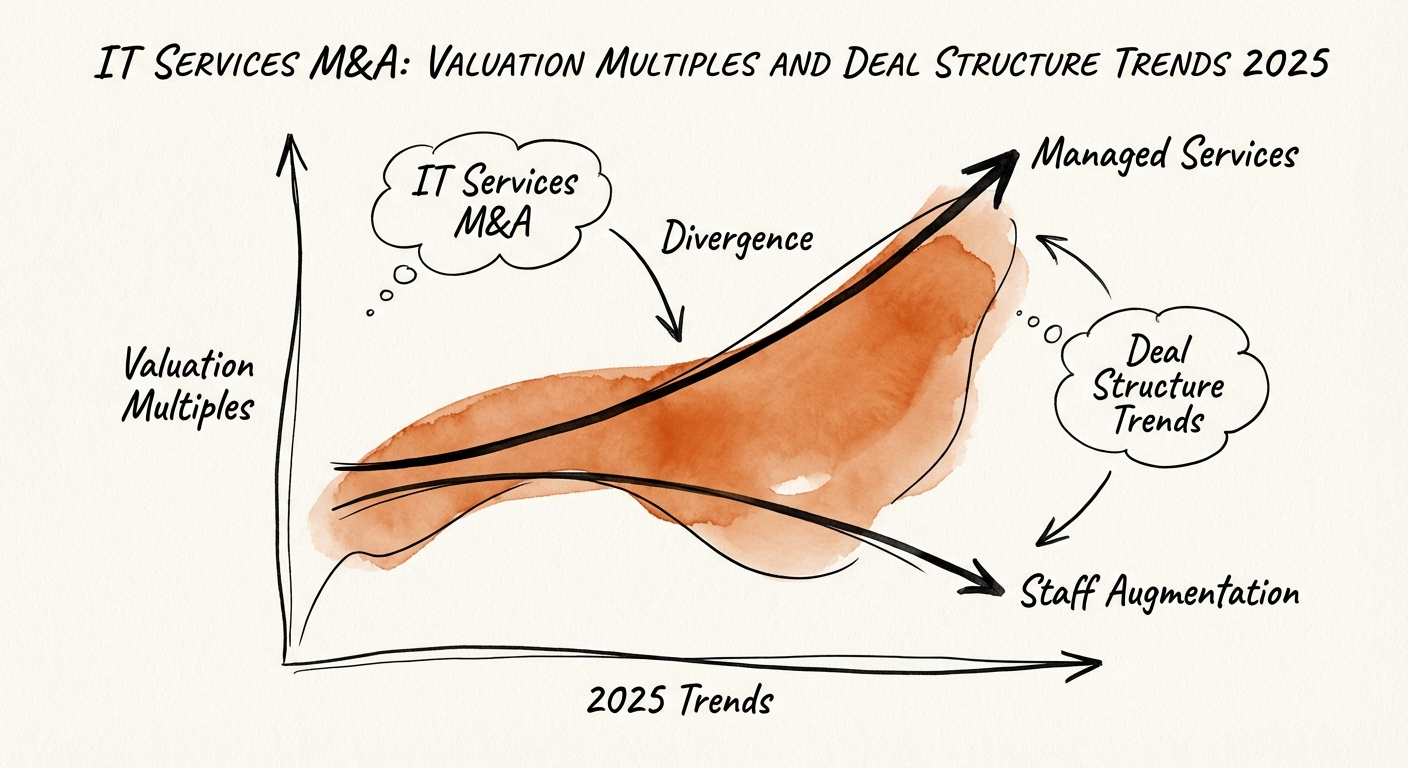 Graph showing the divergence of IT services valuation multiples in 2025, highlighting the gap between managed services and staff augmentation firms.