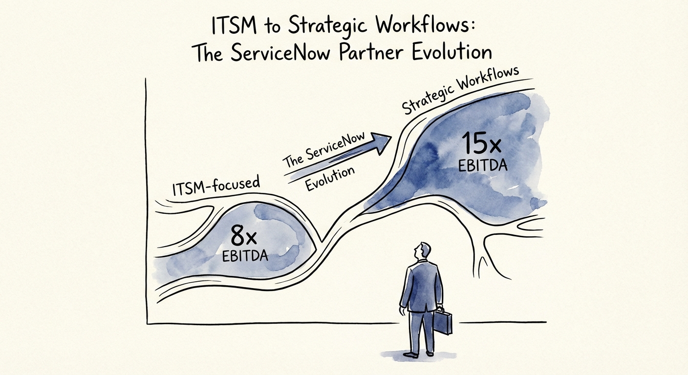 Chart comparing EBITDA multiples of ITSM-focused partners versus Strategic Workflow partners.