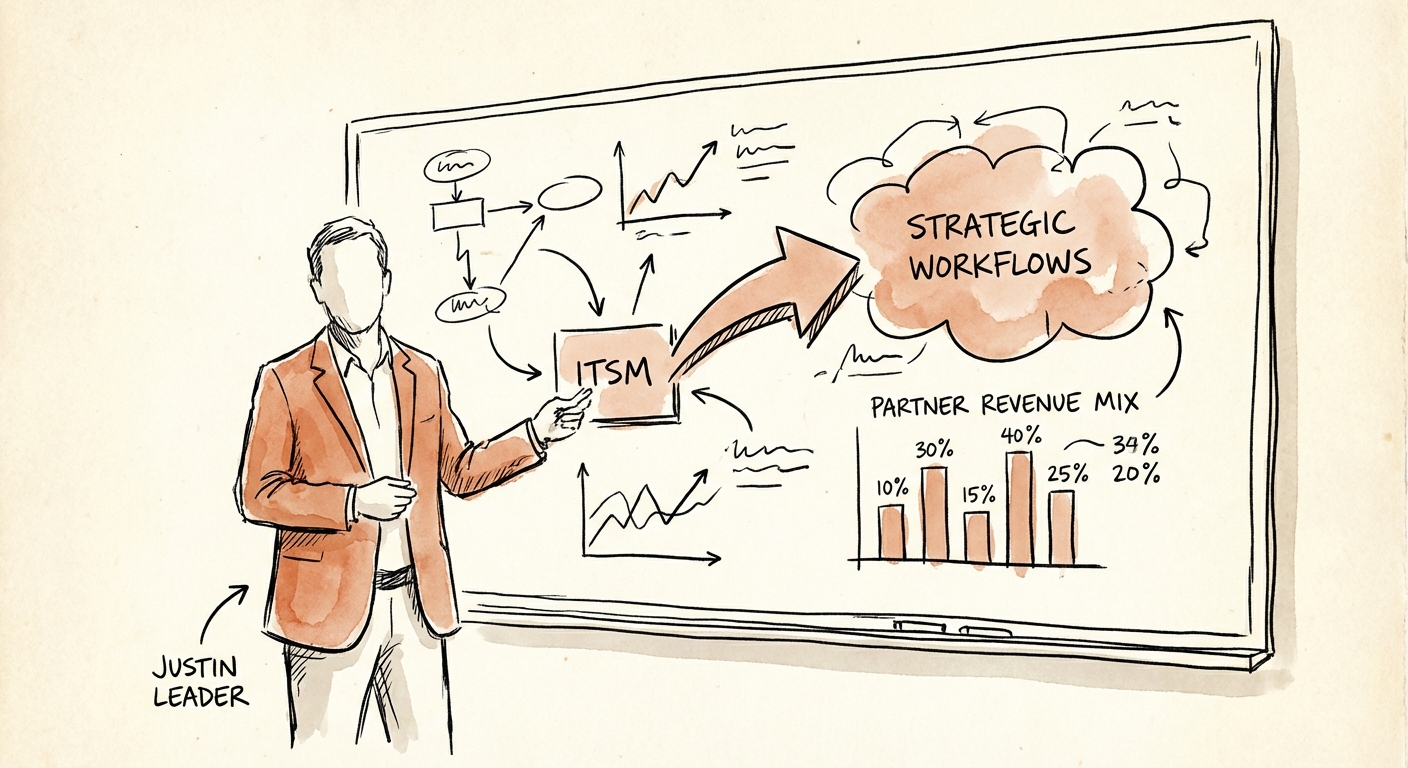 Justin Leader analyzing ServiceNow partner revenue mix data on a whiteboard.