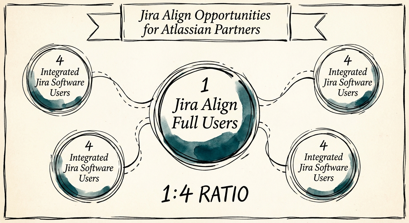 Diagram illustrating the 1:4 ratio of Jira Align Full Users to Integrated Jira Software Users.