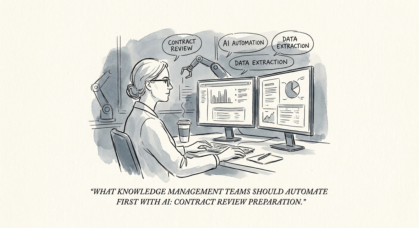 Knowledge management and operations teams in growing services firms reviewing an AI workflow plan for contract review preparation.