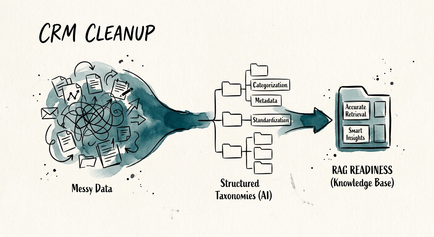 CRM cleanup workflow map showing duplicate detection, missing-field review, account context retrieval, and human approval.