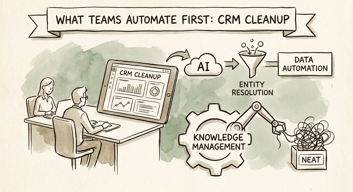 Knowledge management and sales operations team reviewing AI-assisted CRM cleanup queues for duplicates, missing fields, and stale account context.