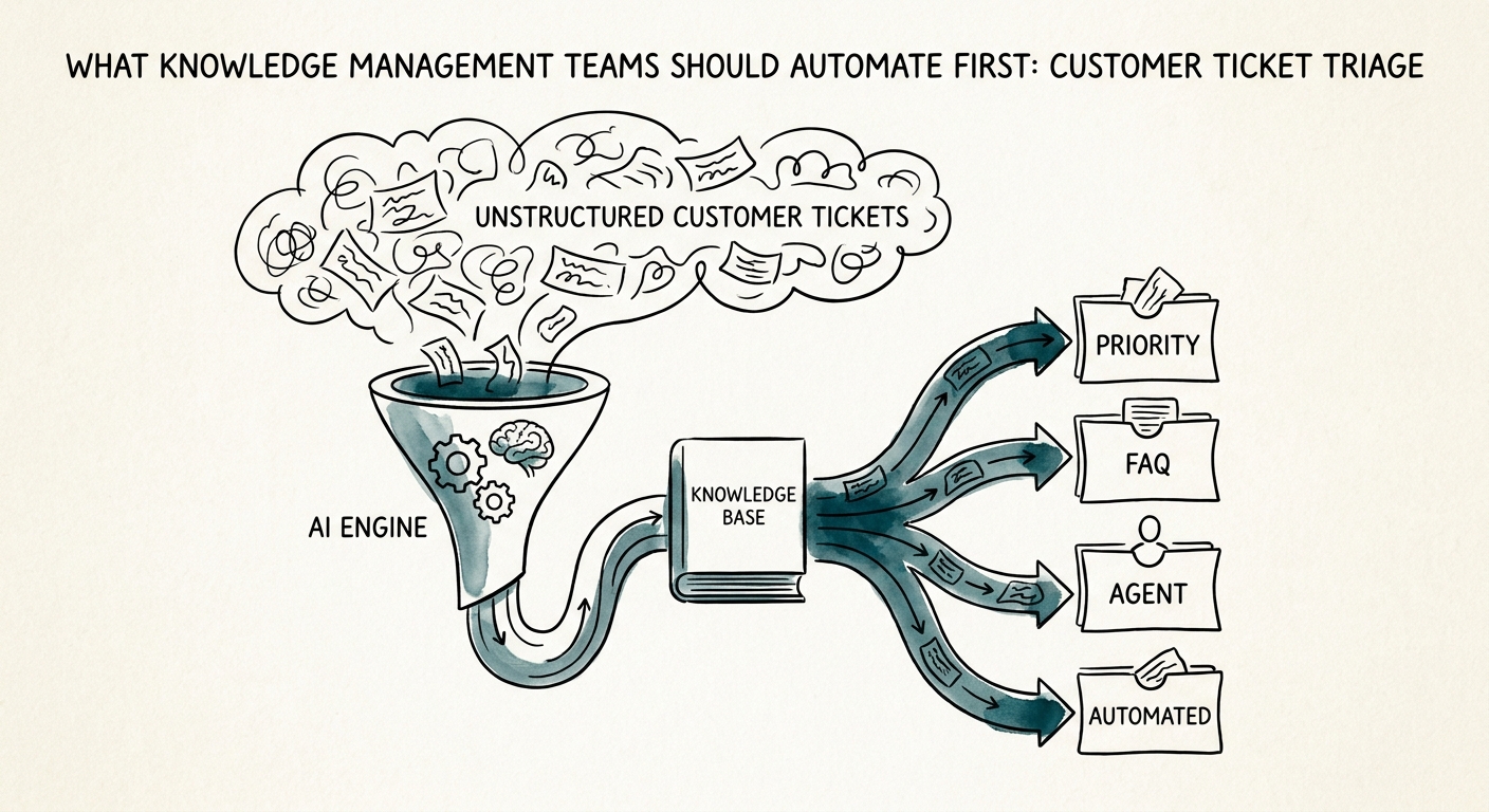 Customer service and knowledge management team reviewing AI-assisted ticket triage with issue classification, knowledge retrieval, and escalation routing.