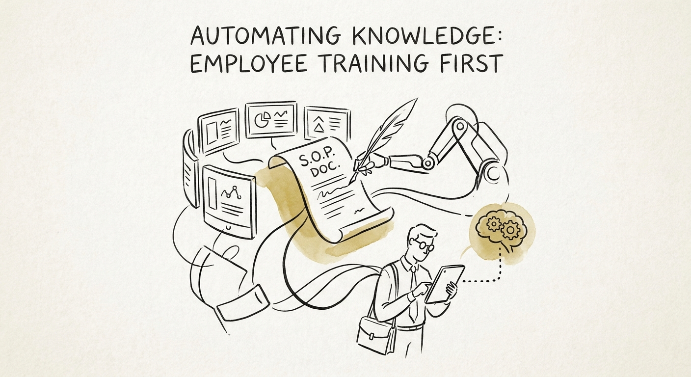 AI knowledge system connecting workflow capture, approved training sources, and employee answer review.