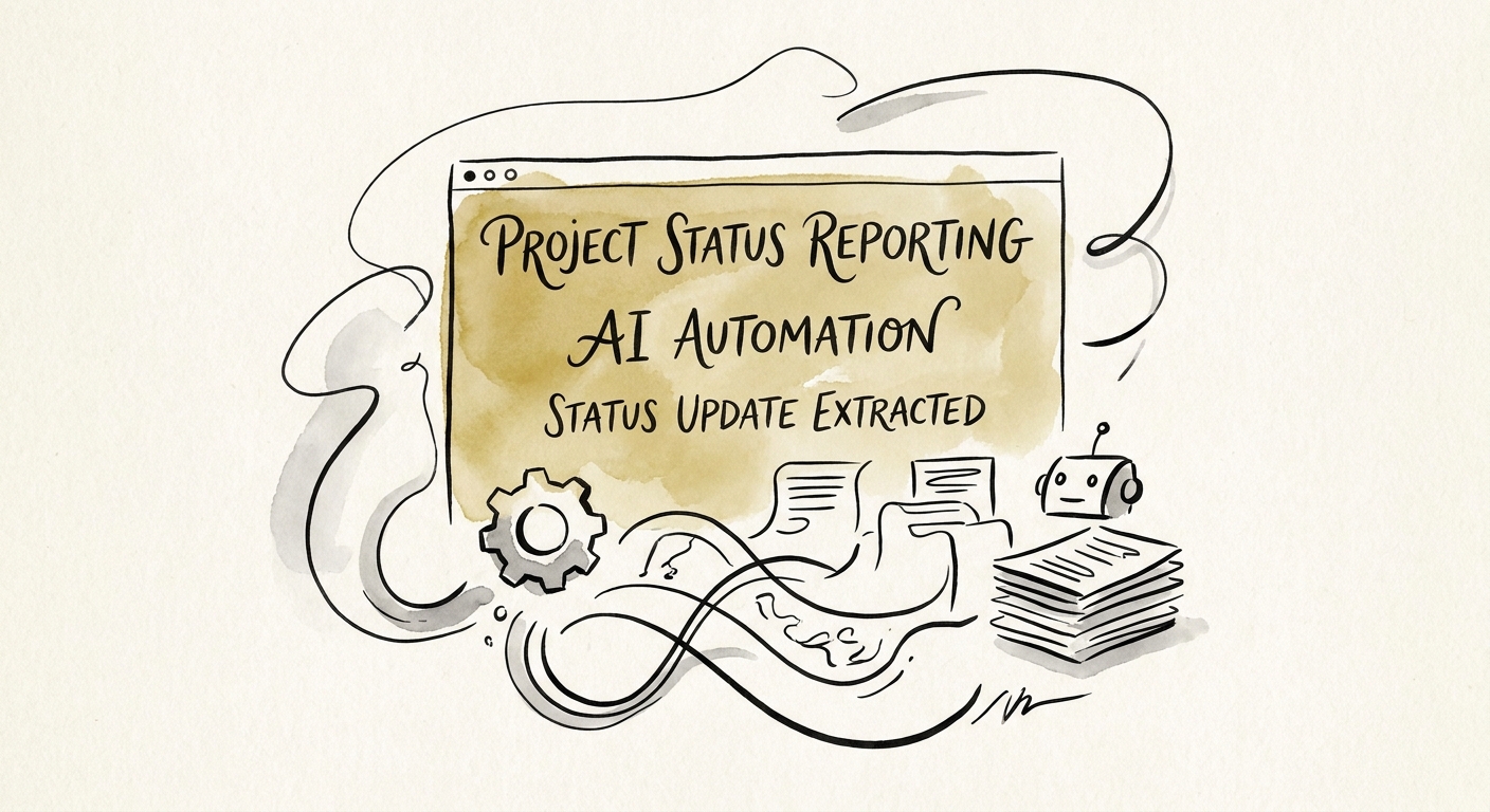 Project status reporting workflow showing source inputs, AI summary, review, and escalation.