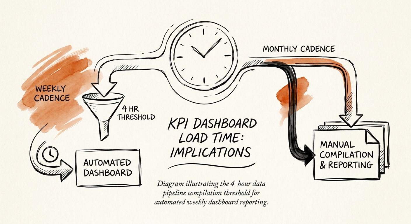 Diagram illustrating the 4-hour data pipeline compilation threshold for automated weekly dashboard reporting