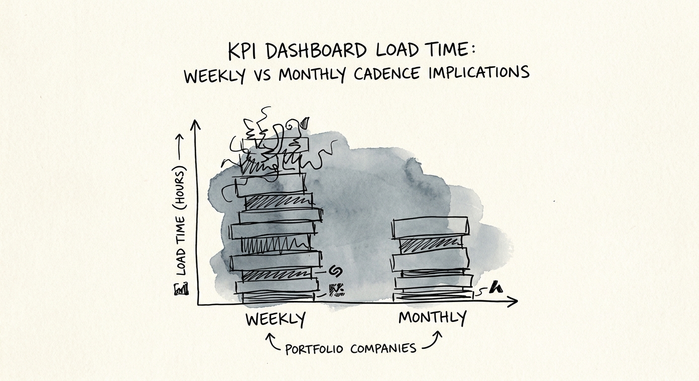 Bar chart comparing weekly vs monthly KPI dashboard compilation times across PE portfolio companies