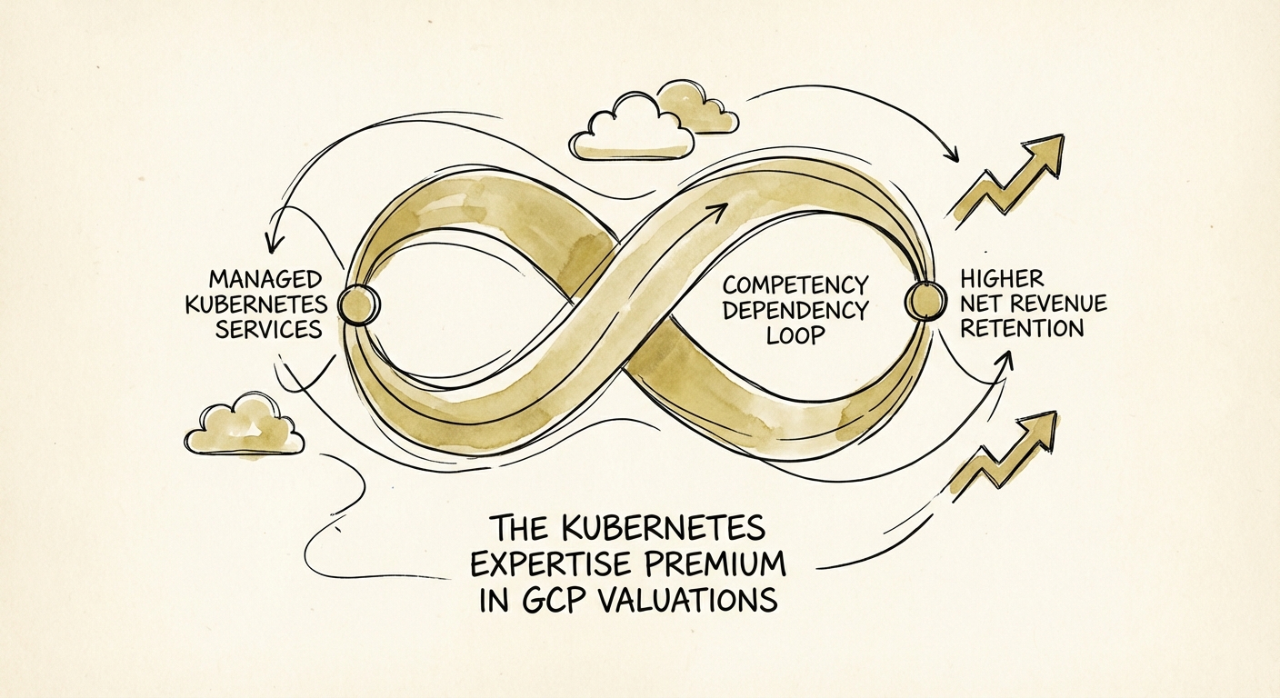 Diagram illustrating the 'Competency Dependency' loop in Managed Kubernetes services leading to higher Net Revenue Retention.