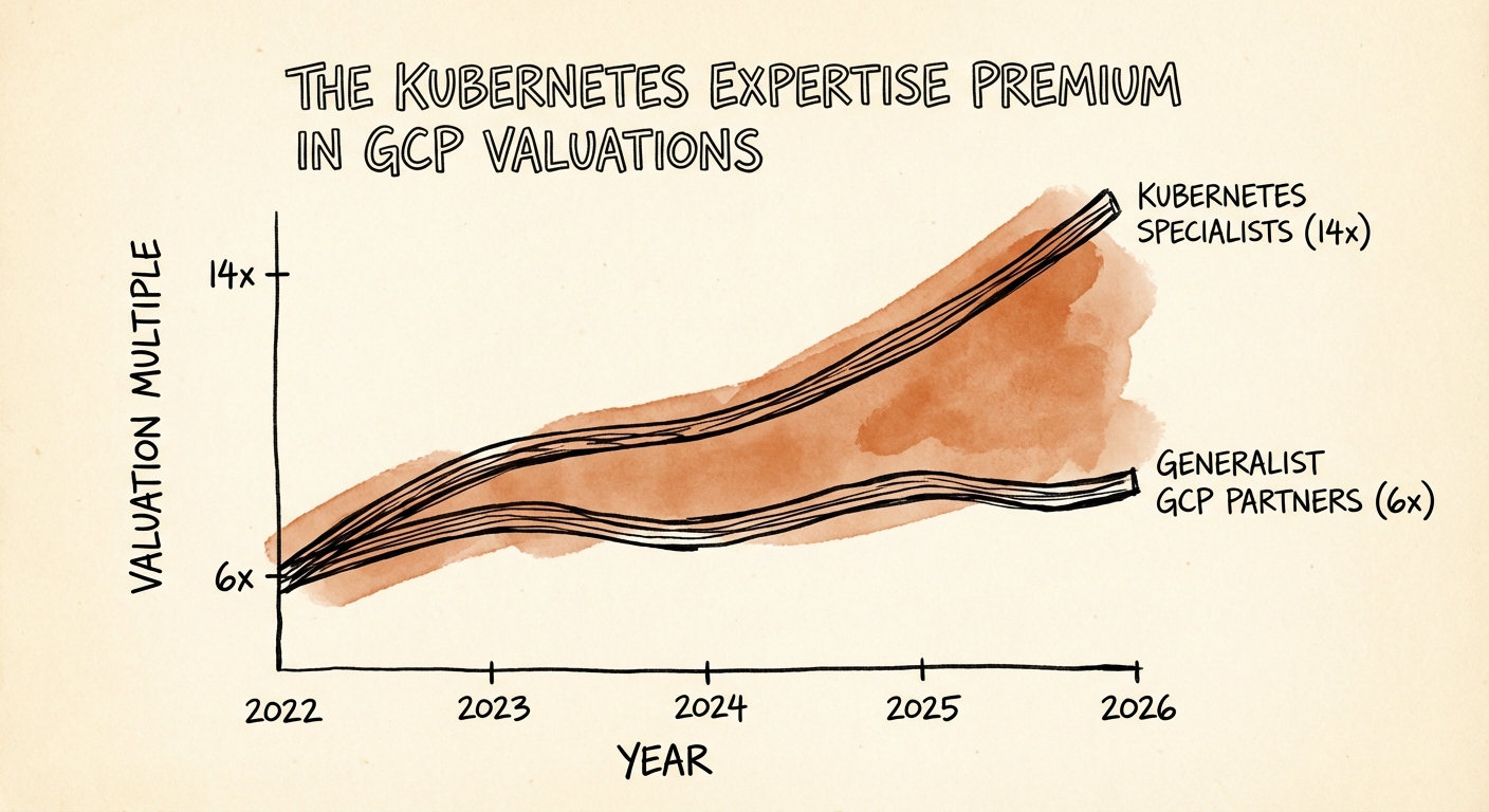 Graph showing valuation multiple divergence between Generalist GCP Partners (6x) and Kubernetes Specialists (14x) from 2022 to 2026.