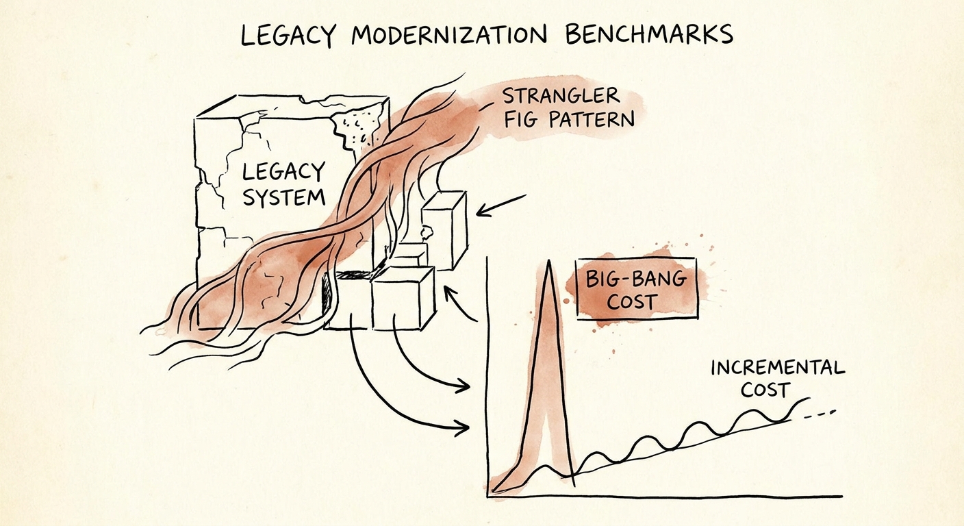 A diagram illustrating the Strangler Fig architectural pattern isolating legacy system components.