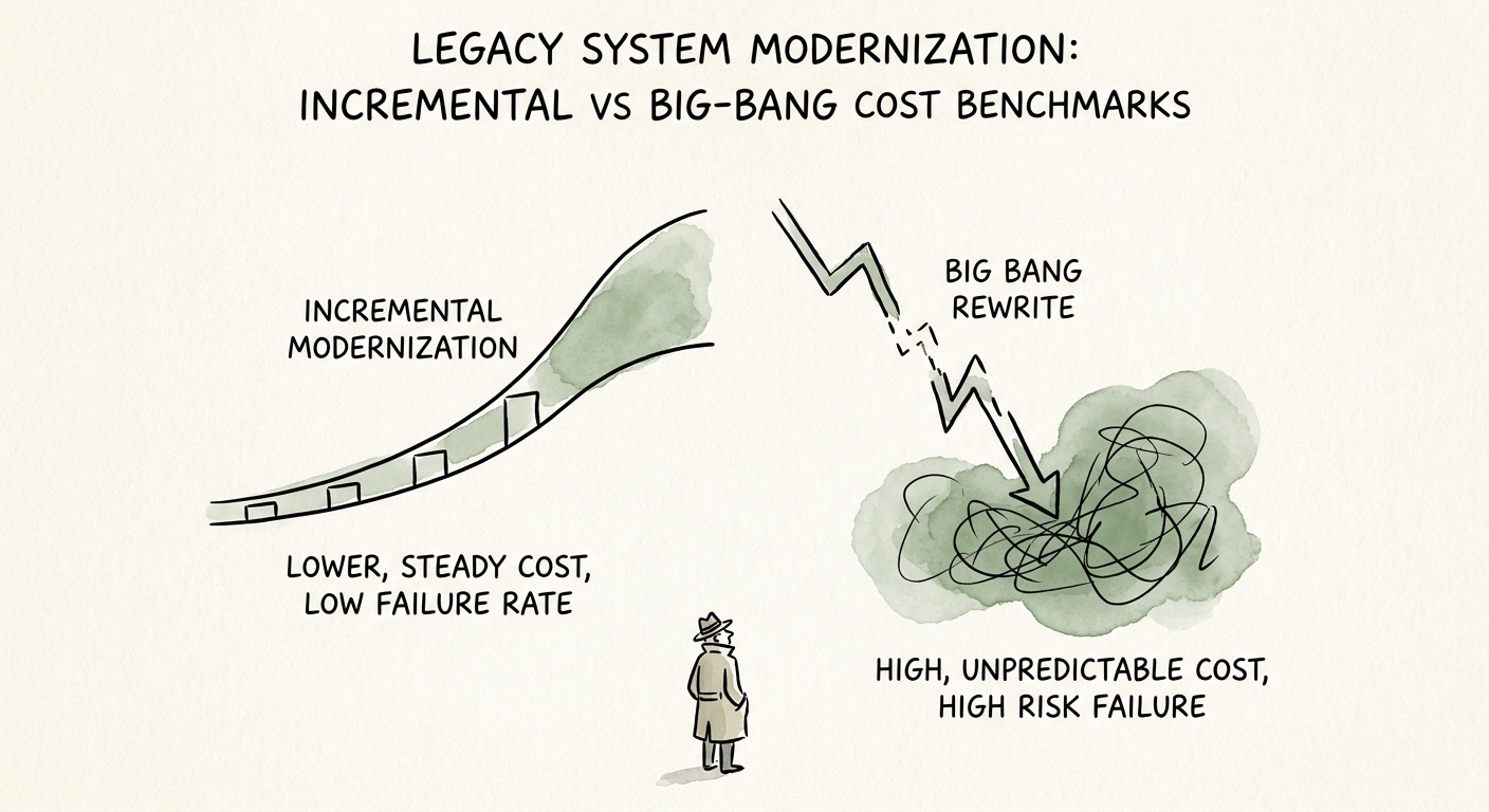 A stark comparison chart showing the failure rates of big bang software rewrites versus incremental modernization.