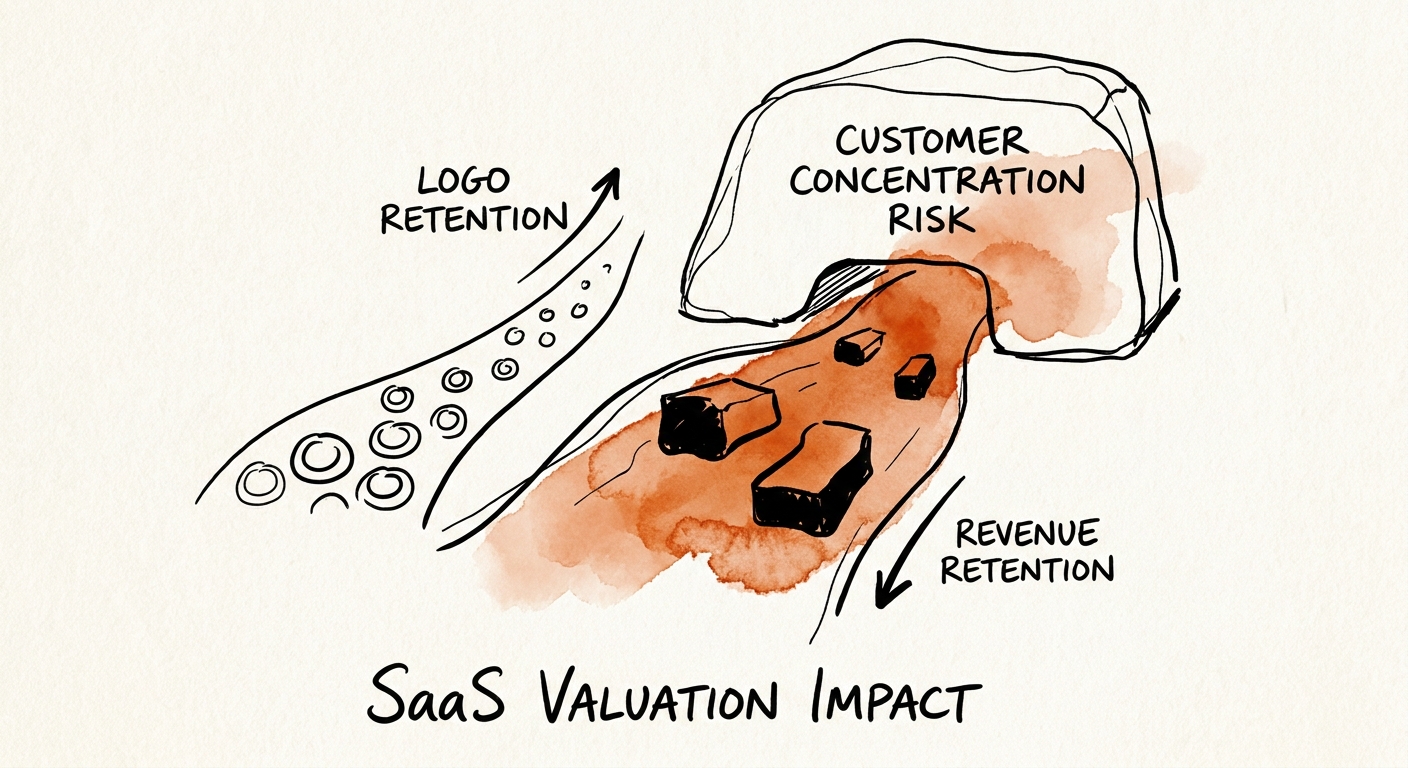 Financial model demonstrating the negative impact of customer concentration risk on SaaS valuations.
