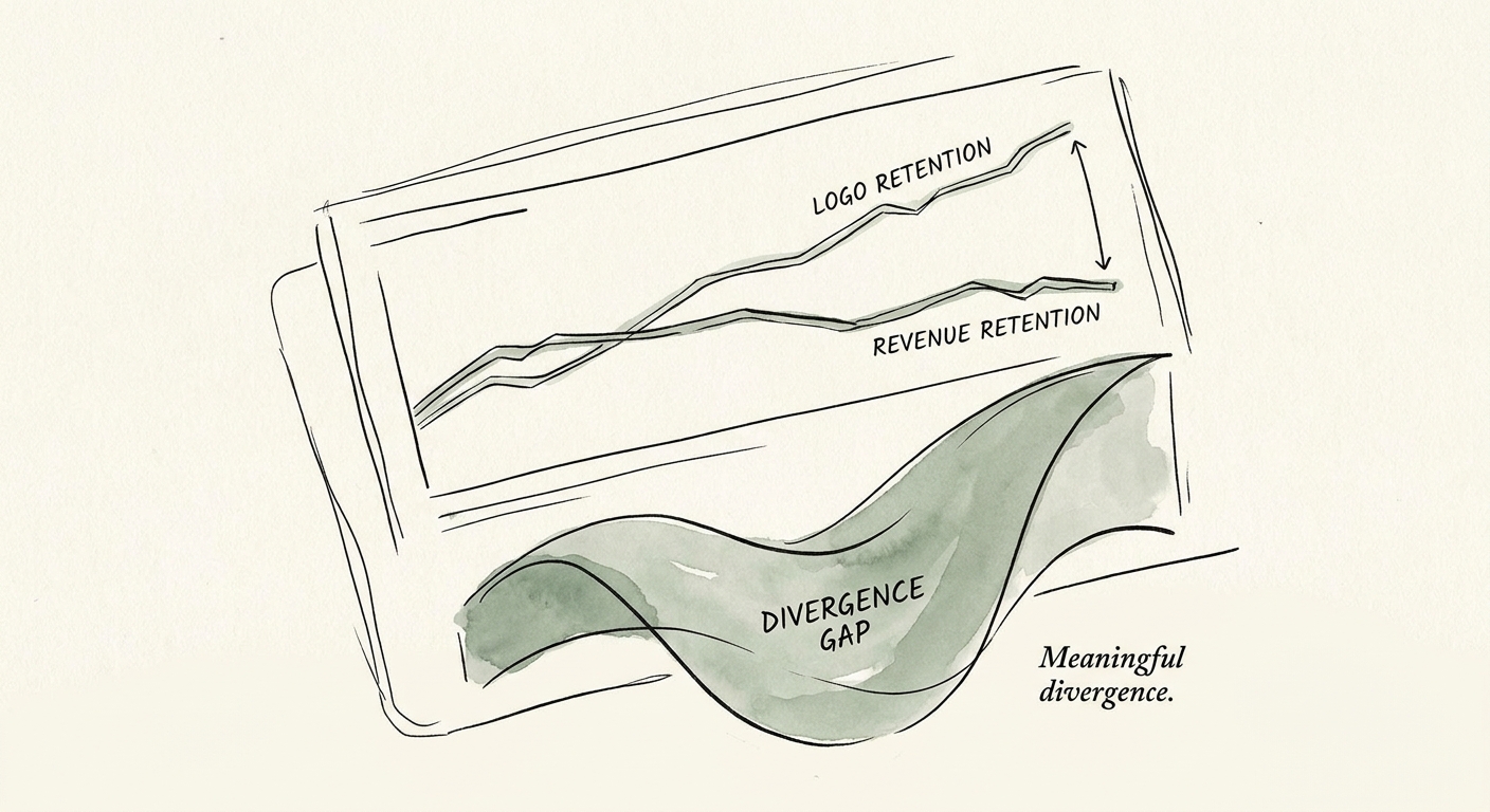 Dashboard comparing logo retention to gross revenue retention showing a widening divergence gap.